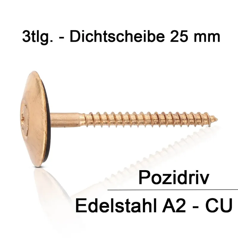 Nur Heute Spenglerschraube – Edelstahl A2 verkupfert – 4,5 x 35 mm – 3-teilig – 25 mm Dichtscheibe – PZ2 – 200 Stück