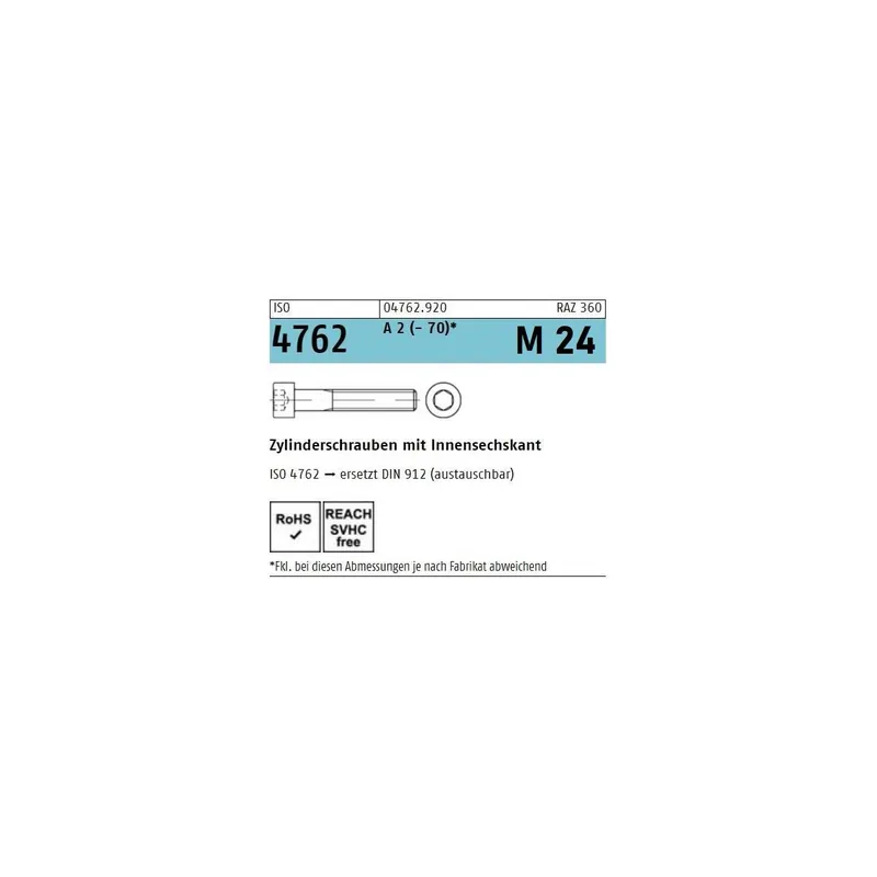 Zylinderschrauben ISO 4762 / DIN 912 – M24 – Edelstahl A2 – Innensechskant (Reyher) Neue Kollektion