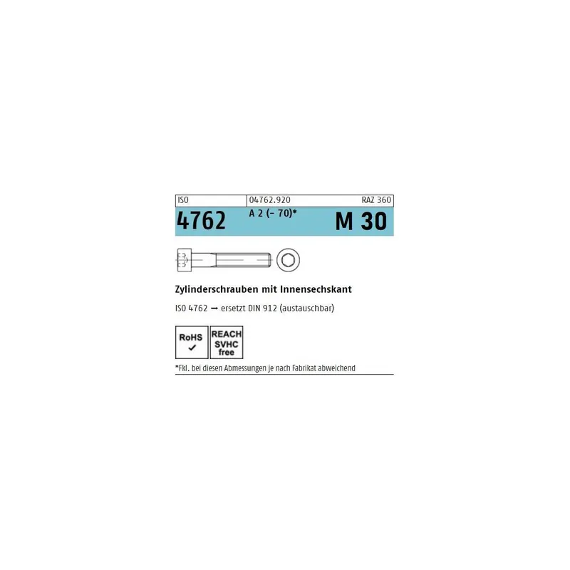 Zylinderschrauben ISO 4762 / DIN 912 – M30 – Edelstahl A2 – Innensechskant (Reyher) Abverkauf