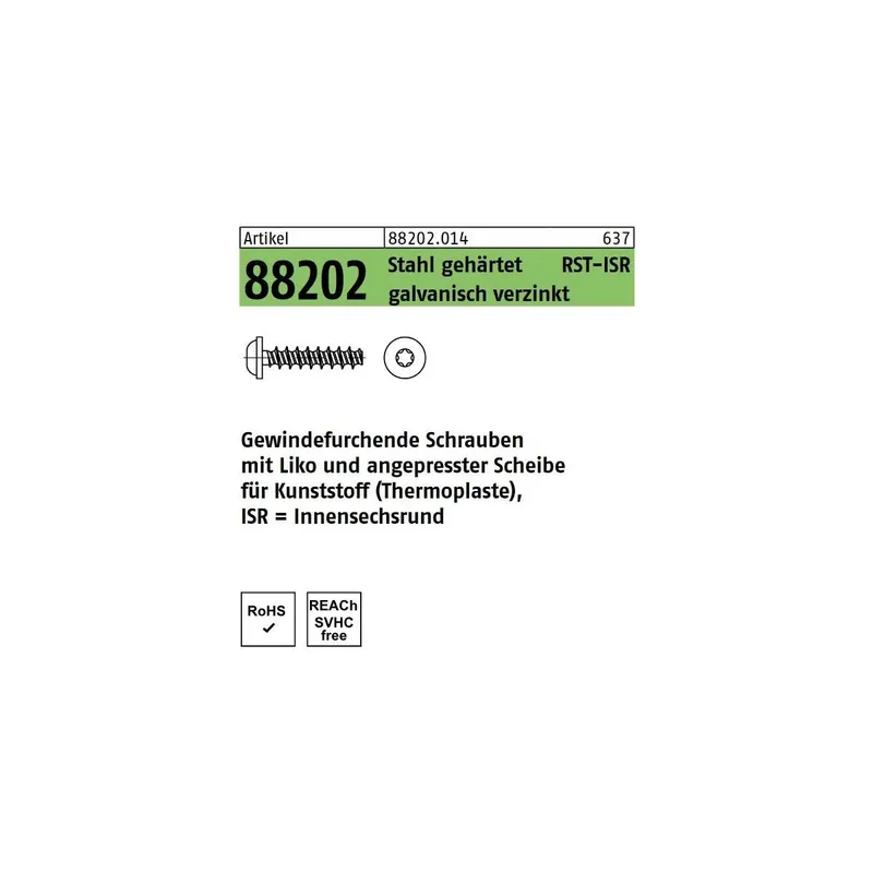 Artikel 88202 Stahl geh. galvanisch verzinkt Kunststofffurchende Schrauben RST LIKO, angepr. Scheibe, Innensechsrund Abmessung 6x20 -T25 VE=S (250 Stück) Preiswert