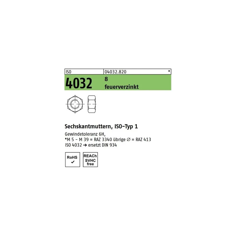 Jetzt Bestellen ISO 4032 6KT-Muttern Stahl 8 feuerverzinkt M64 1St.