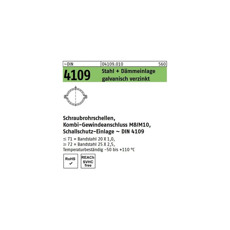 ~DIN 4109 Stahl + Dämmeinlage galvanisch verzinkt Schraubrohrschellen mit Schallschutz-Einlage ~DIN 4109 - Abmessung 57-61 M8/M10 (50 Stück) Nur Für Kurze Zeit
