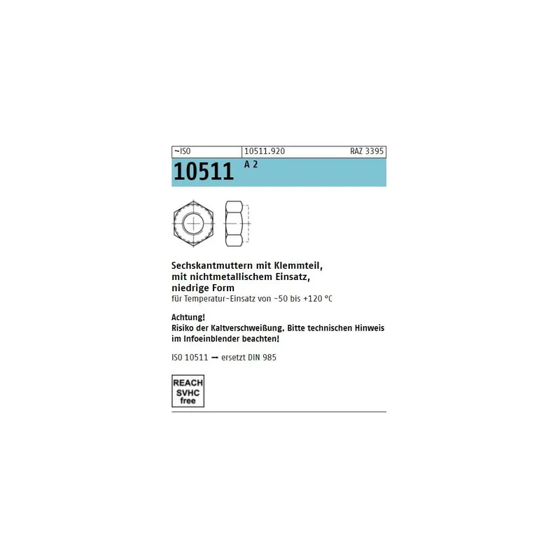~ISO 10511 A 2 Sechskantmuttern mit Klemmteil, mit nichtmetallischem Einsatz, niedrige Form - Abmessung M 6 (1000 Stück) Nur Für Kurze Zeit