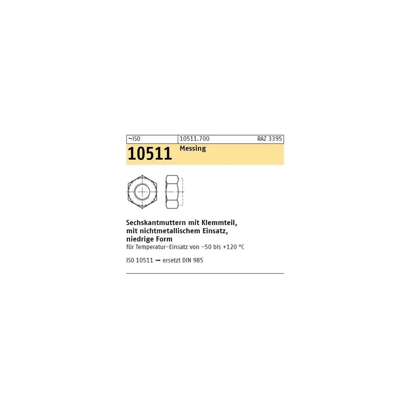 ~ISO 10511 Messing Sechskantmuttern mit Klemmteil, mit nichtmetallischem Einsatz, niedrige Form - Abmessung M 12 (50 Stück) Angebot