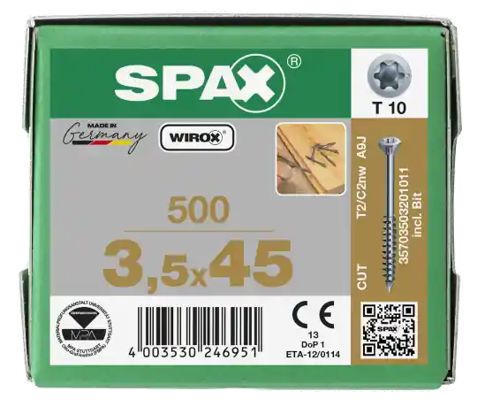 SPAX Dielenschraube Teilgewinde Senkkopf - T-STAR plus T10 WIROX 3,5x45 - 500 Stk Versand Am Gleichen Tag
