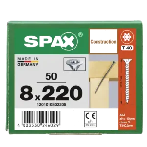 Wochenendangebot SPAX Senkkopf 8 mm T-STAR plus - Vollgewinde WIROX A3J T40 - 8x220 - 50 Stk