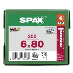 Versand Am Gleichen Tag SPAX Halbrundkopf T-STAR plus 4CUT Vollgewinde Galvanisch blank verzinkt A2J 6x80 - 200 Stk