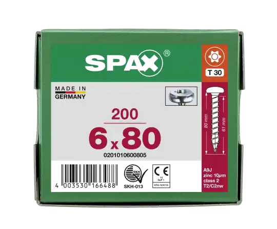 Versand Am Gleichen Tag SPAX Halbrundkopf T-STAR plus 4CUT Vollgewinde Galvanisch blank verzinkt A2J 6x80 - 200 Stk