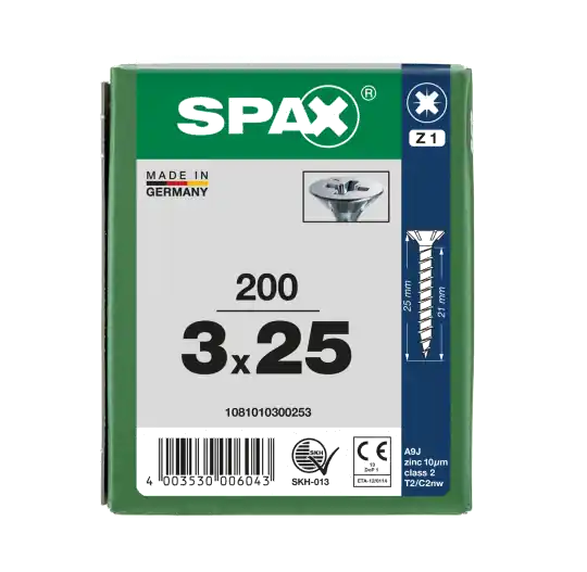 Versand Am Gleichen Tag SPAX Senkkopf Kreuzschlitz Z - Vollgewinde WIROX A3J PZ1 - 3x25 - 200 Stk