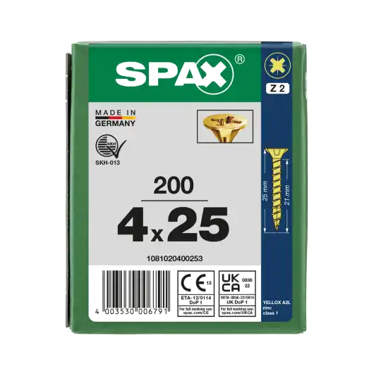 Versand Am Gleichen Tag SPAX Senkkopf Kreuzschlitz Z - Vollgewinde YELLOX A2L PZ2 - 4x25 - 200 Stk