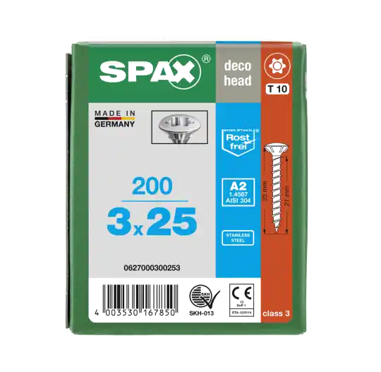 Abverkauf SPAX Linsensenkkopf T-STAR plus 4CUT Vollgewinde Edelstahl rostfrei A2 1.4567 - 3x25 - 200 Stk